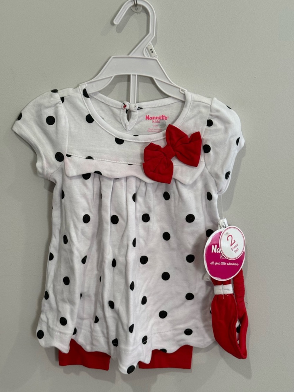 New Nannette 24M White & Black Polka Dot Baby Top with Pants & Red Bow
